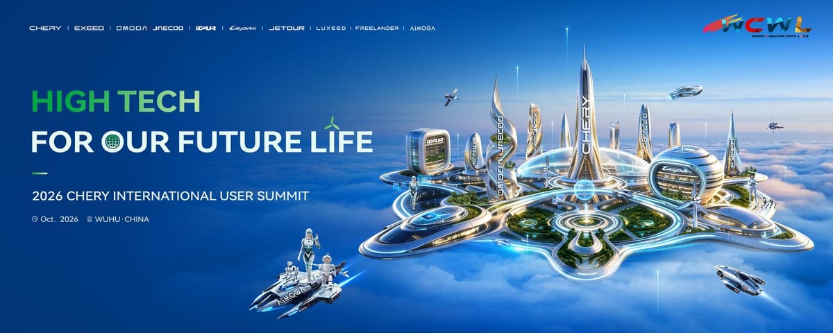 Futuristische Illustration einer Stadt über den Wolken mit Türmen der Chery-Marken zum Innovationsgipfel 2026 in Wuhu