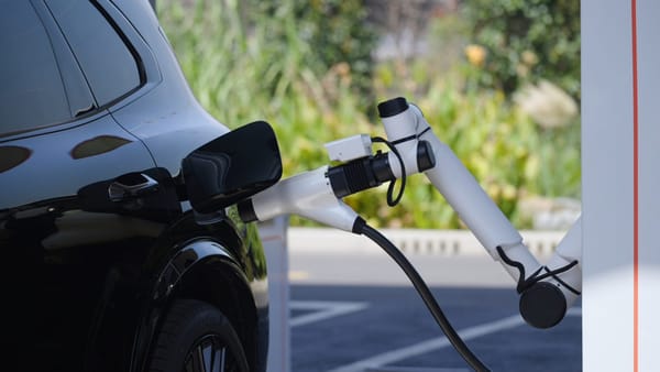 Weißer Laderoboter steckt an einer Geely-Ladestation automatisch den Ladestecker in ein schwarzes Elektroauto