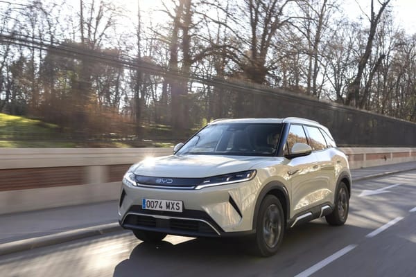 Weißer BYD Atto 2 fährt auf einer von Bäumen gesäumten Straße